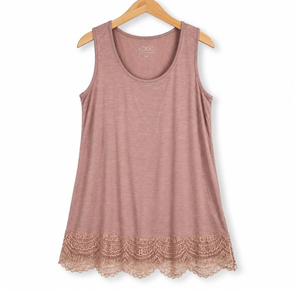 LOGO Layers Lori Goldstein Knit Tank Womens Small Misty Rose Lace Trim A683829
